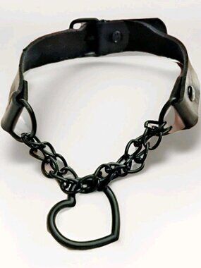 Black Choker Collar Necklace, Double Chain Love Heart Adjustable
